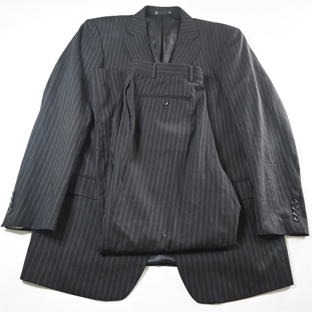 Profilo‎ 44L 38x32 Black Striped 100% Wool Mens Jacket Pants Suit
